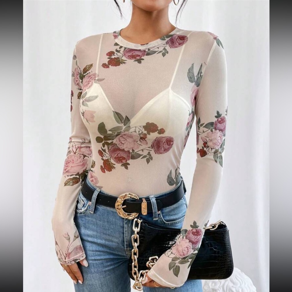 White Floral Mesh Sheet Shirt Long Sleeve, See-Through Top - Picture 6 of 6